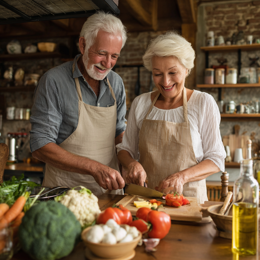Older adults enjoying healthy meal preparation at home kitchen